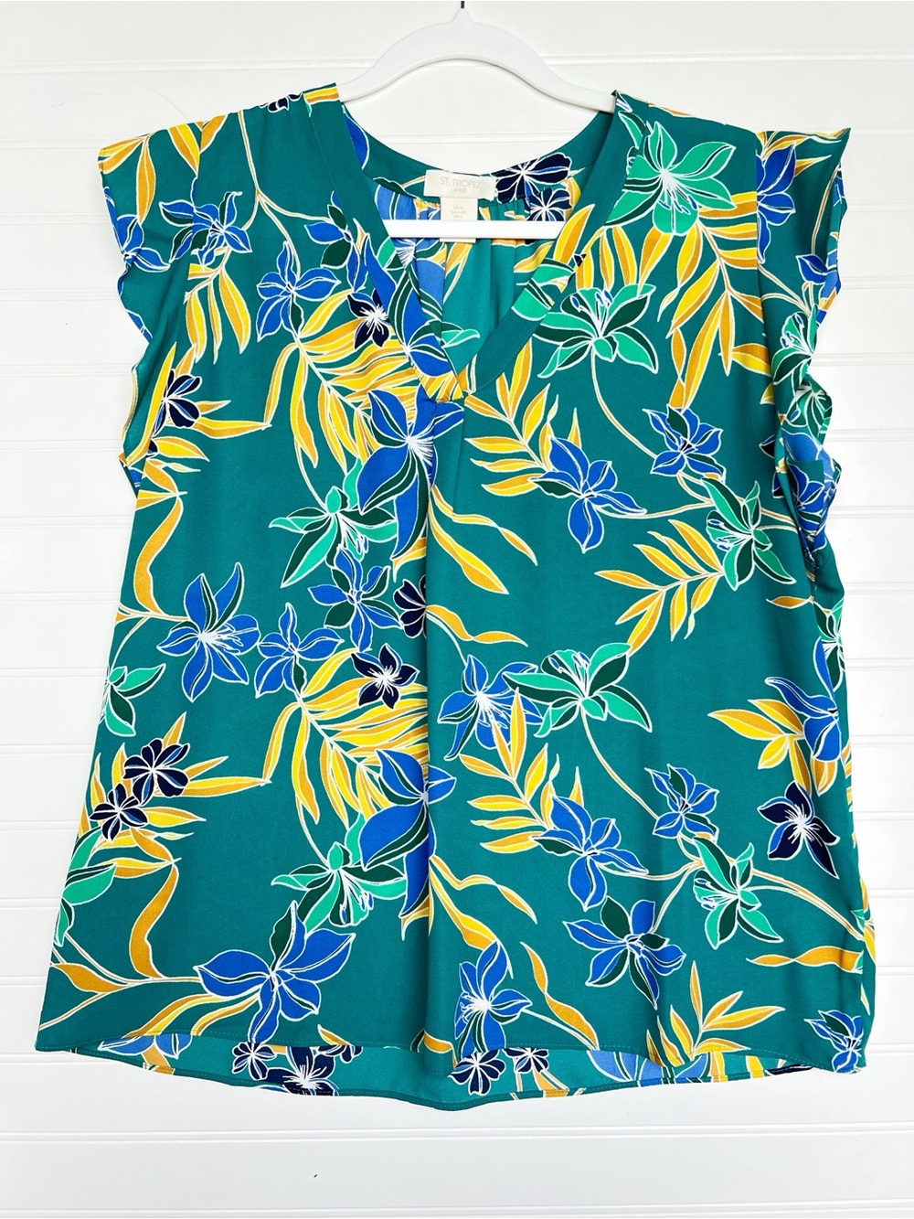 St. Tropez West Green Tropical Floral V-Neck Blouse Womens Size Large